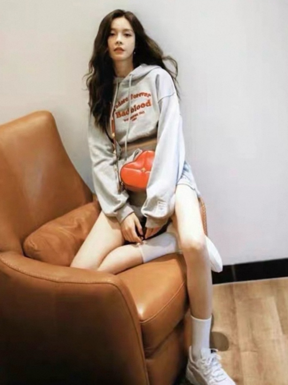 Gray Cropped Hoodie & Shorts Set with Red Logo